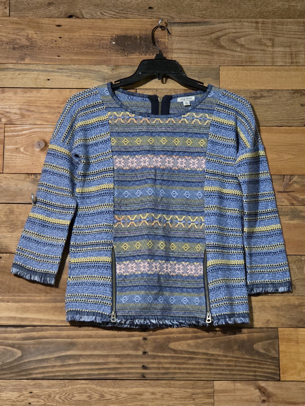 Lucky Brand XS Blue Boho Woven Geometric Southwestern Fringe Zip Top